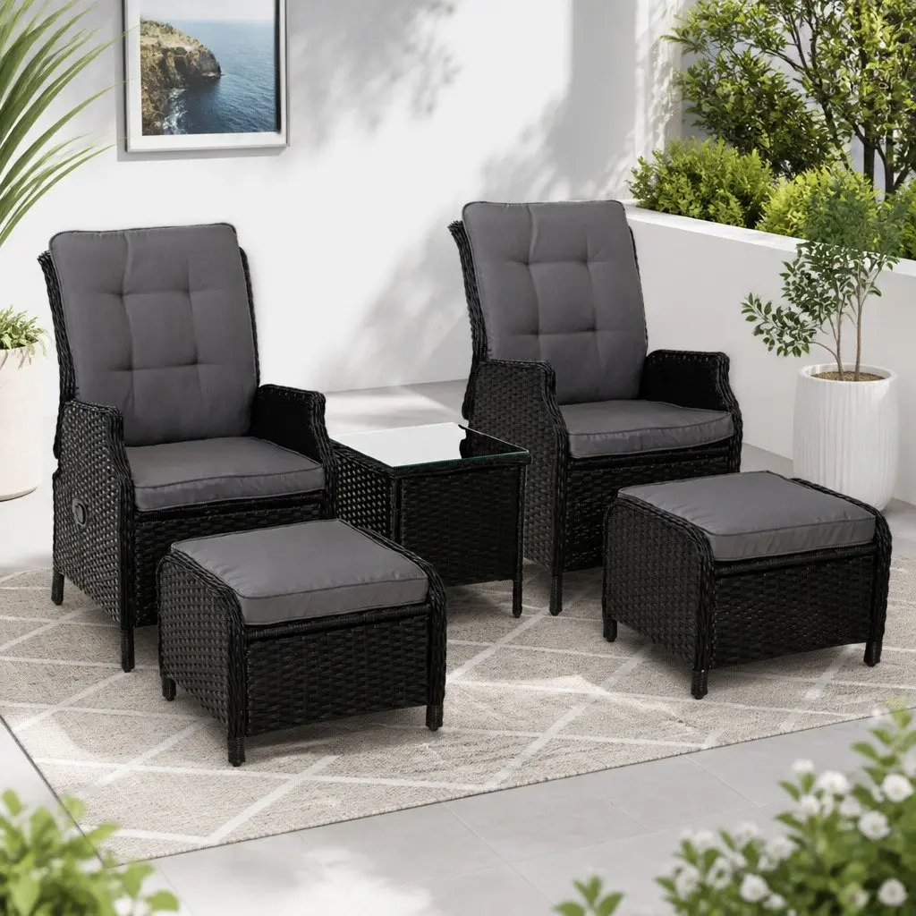 5PC Wicker Recliner Outdoor Furniture Set Adjustable Chairs Ottomans Side Table