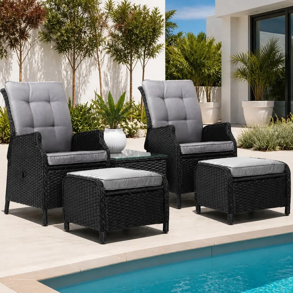 5PC Wicker Recliner Outdoor Furniture Set Adjustable Chairs Ottomans Side Table