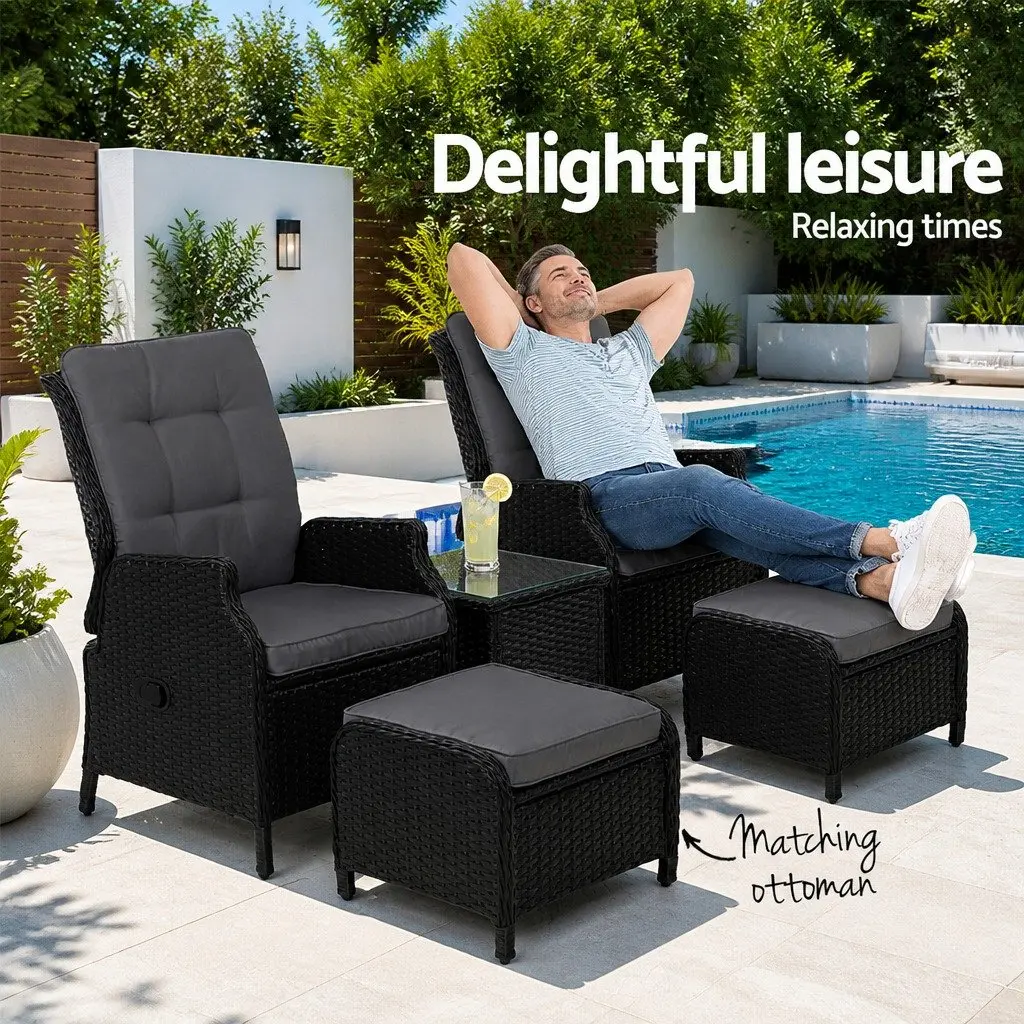 5PC Wicker Recliner Outdoor Furniture Set Adjustable Chairs Ottomans Side Table