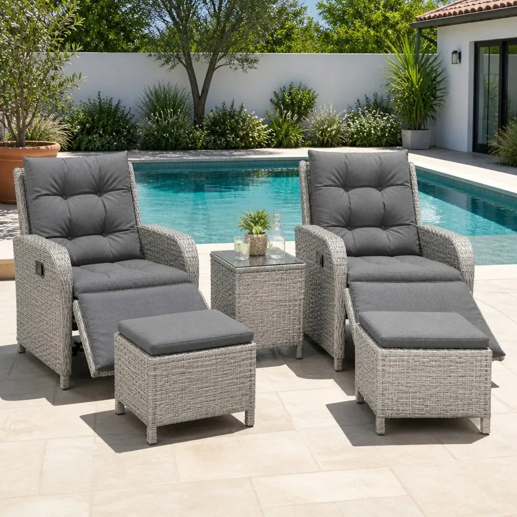 5 Piece Wicker Recliner Outdoor Furniture Set with Adjustable Backrest for Patio Garden
