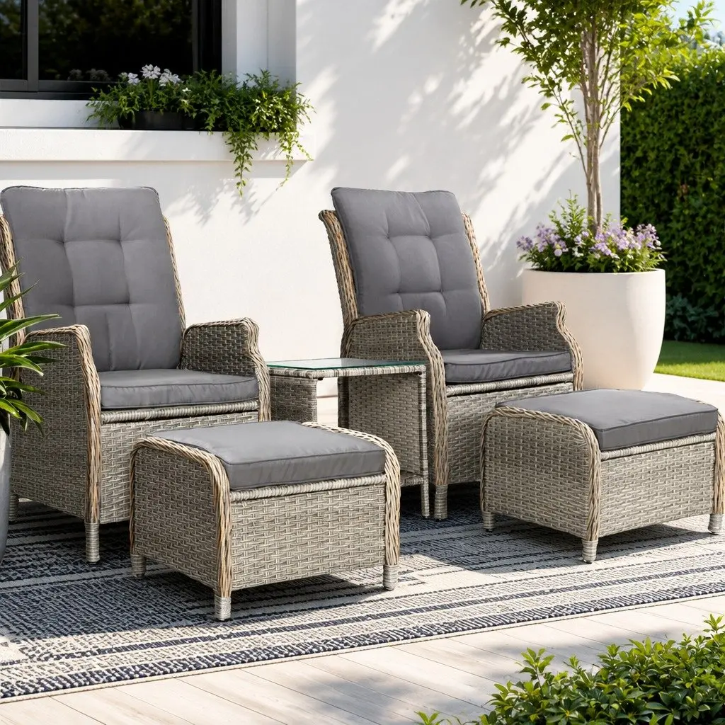 5 Piece Wicker Recliner Outdoor Furniture Set with Adjustable Backrest for Patio Garden