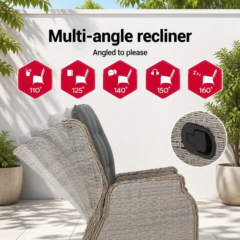 5 Piece Wicker Recliner Outdoor Furniture Set with Adjustable Backrest for Patio Garden