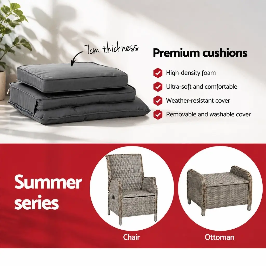 5 Piece Wicker Recliner Outdoor Furniture Set with Adjustable Backrest for Patio Garden