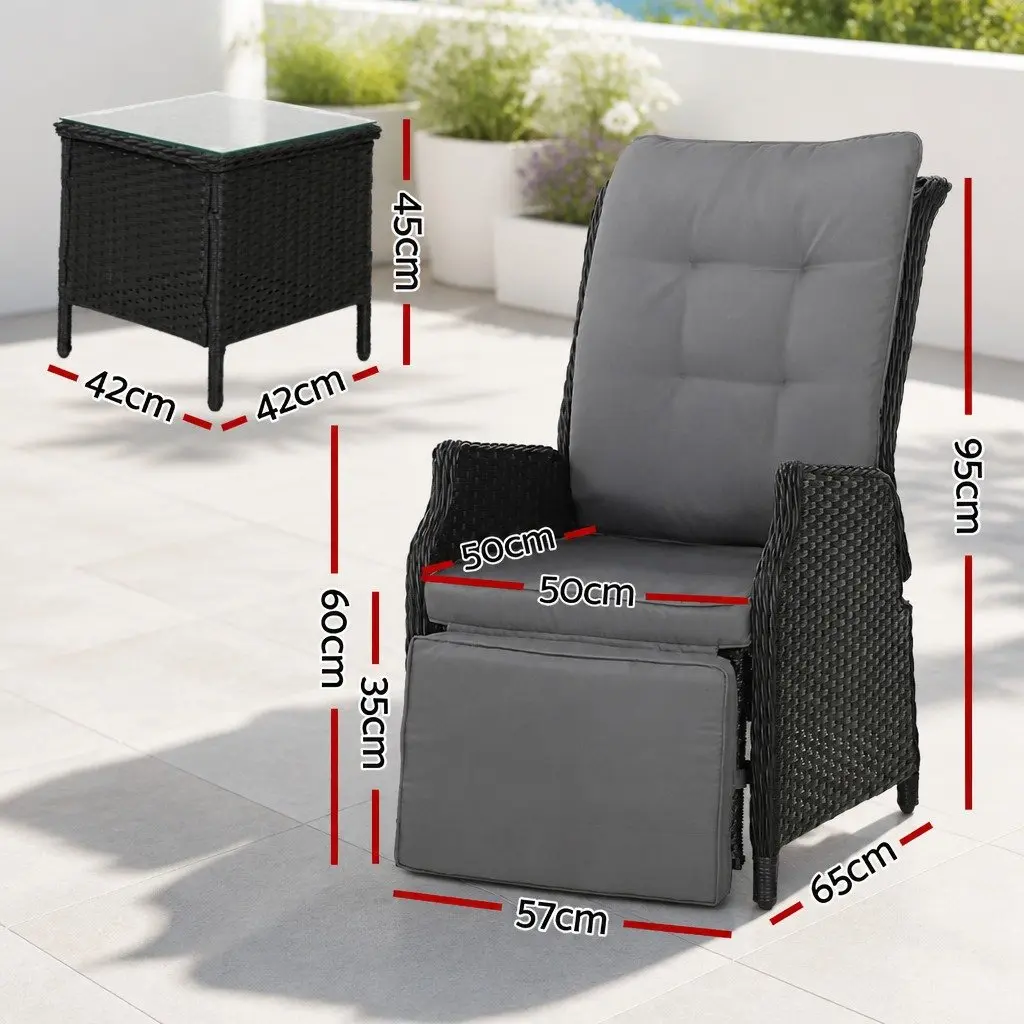 3 Piece Outdoor Recliner Chair Set for Garden Patio Black
