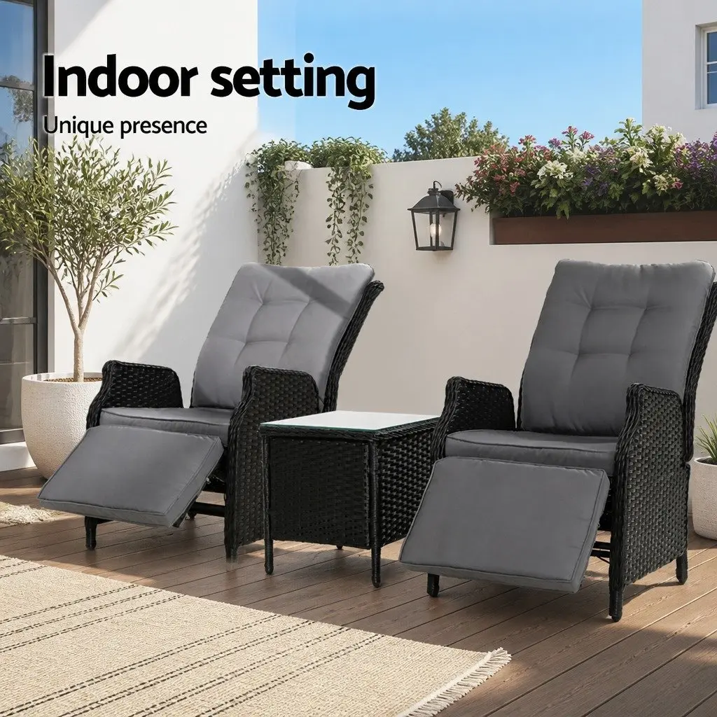 3 Piece Outdoor Recliner Chair Set for Garden Patio Black