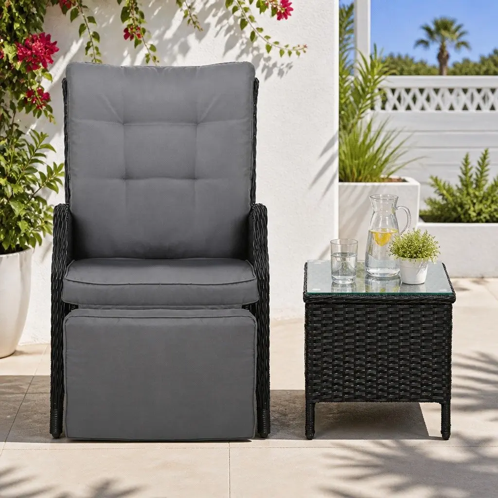 3 Piece Outdoor Recliner Chair Set for Garden Patio Black