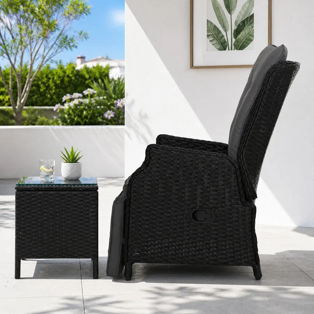 3 Piece Outdoor Recliner Chair Set for Garden Patio Black
