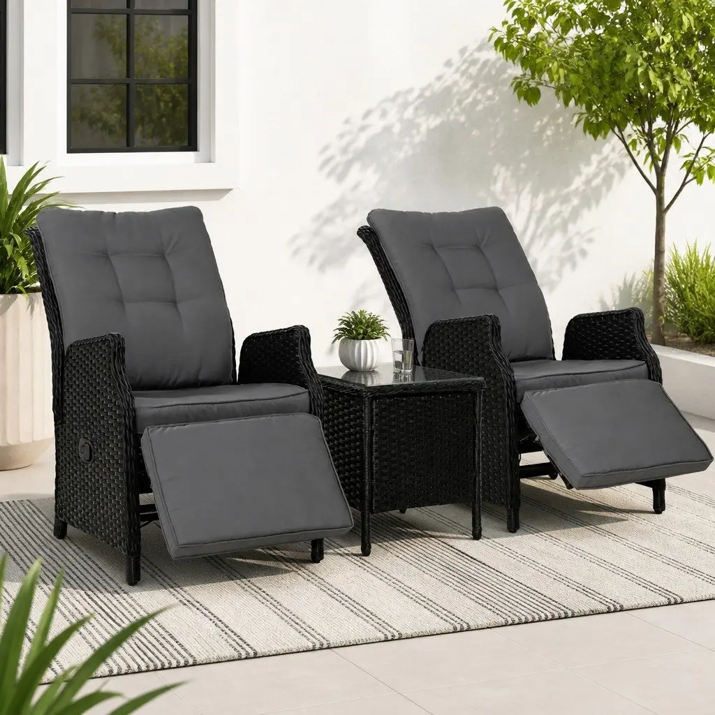 3 Piece Outdoor Recliner Chair Set for Garden Patio Black