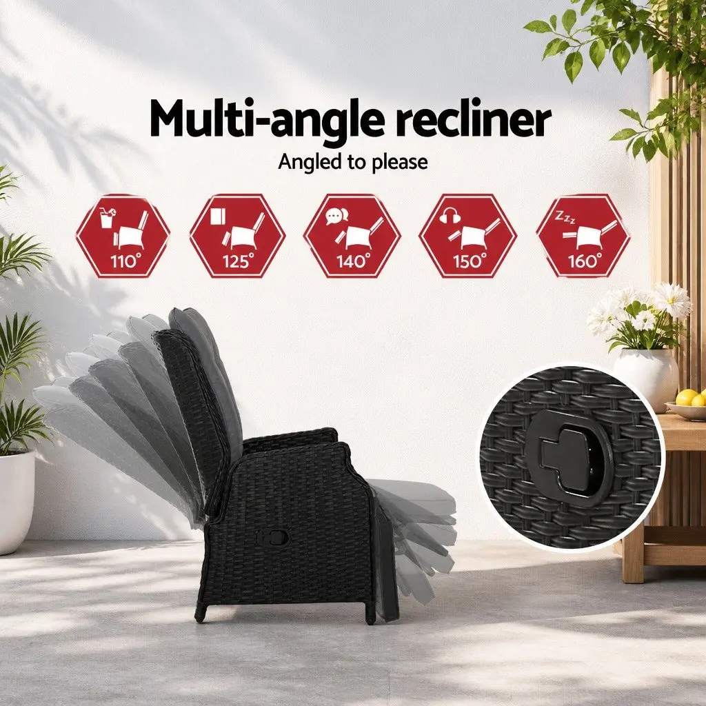 3 Piece Outdoor Recliner Chair Set for Garden Patio Black
