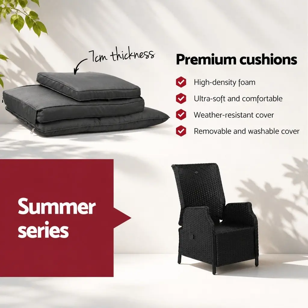 3 Piece Outdoor Recliner Chair Set for Garden Patio Black