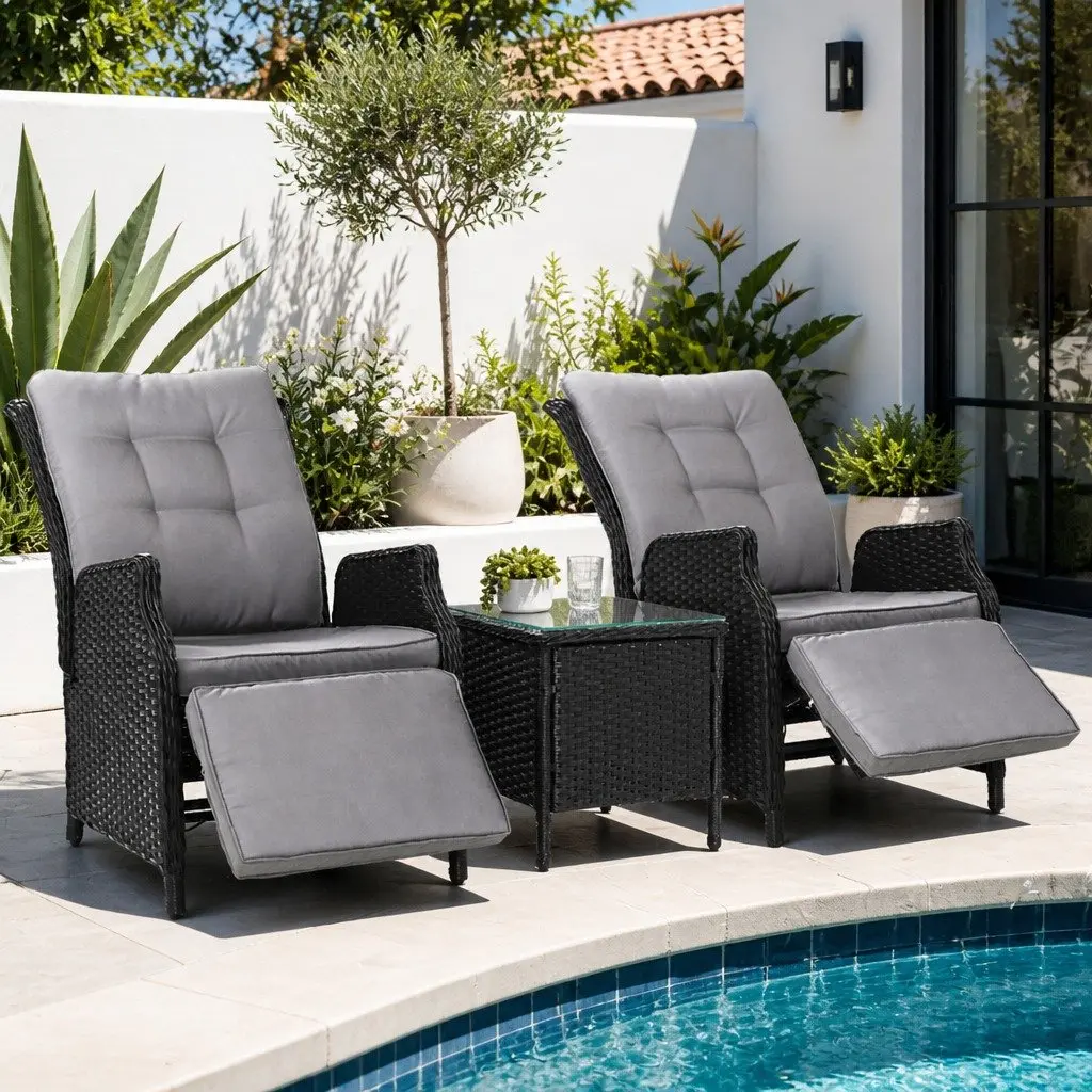 3 Piece Outdoor Recliner Chair Set for Garden Patio Black