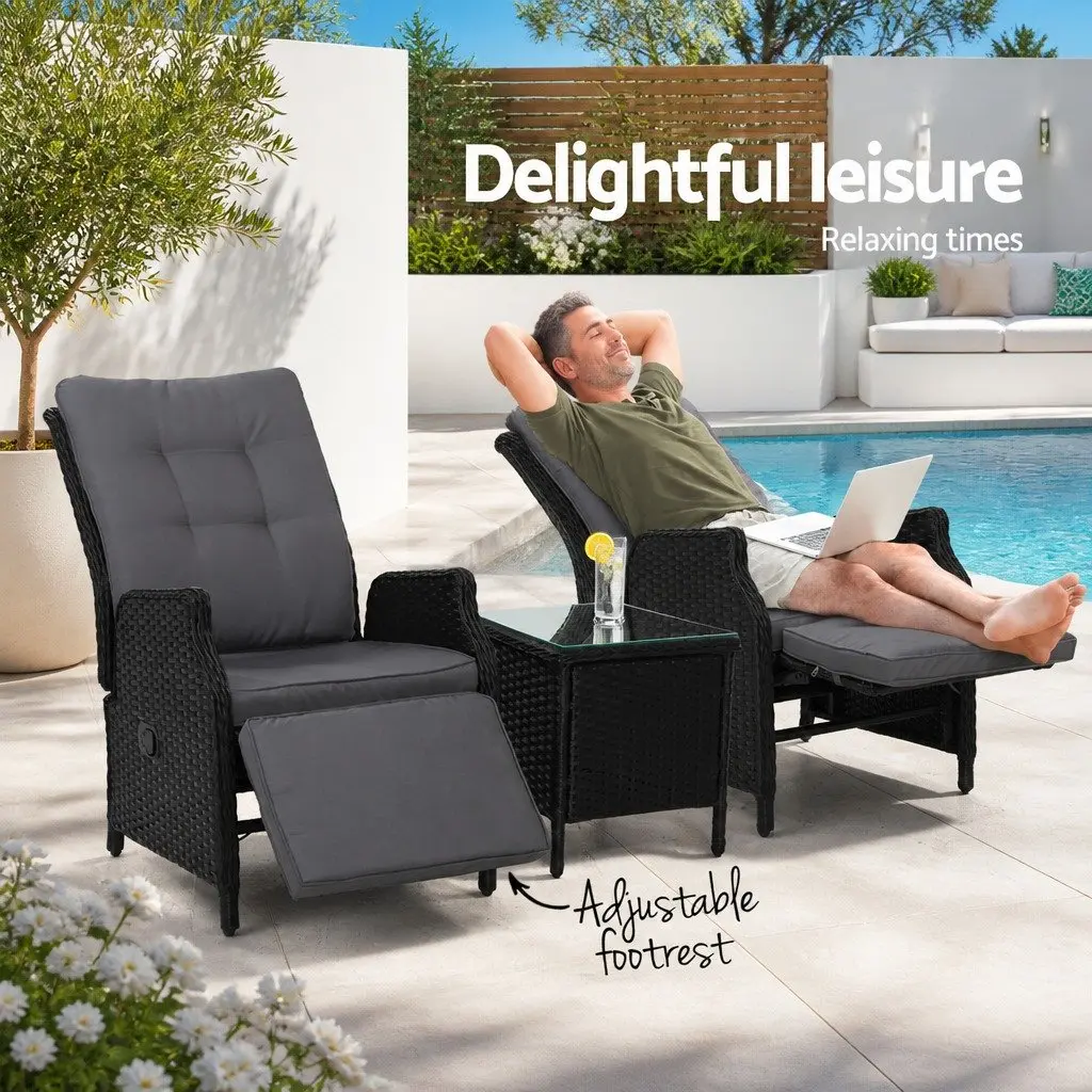 3 Piece Outdoor Recliner Chair Set for Garden Patio Black