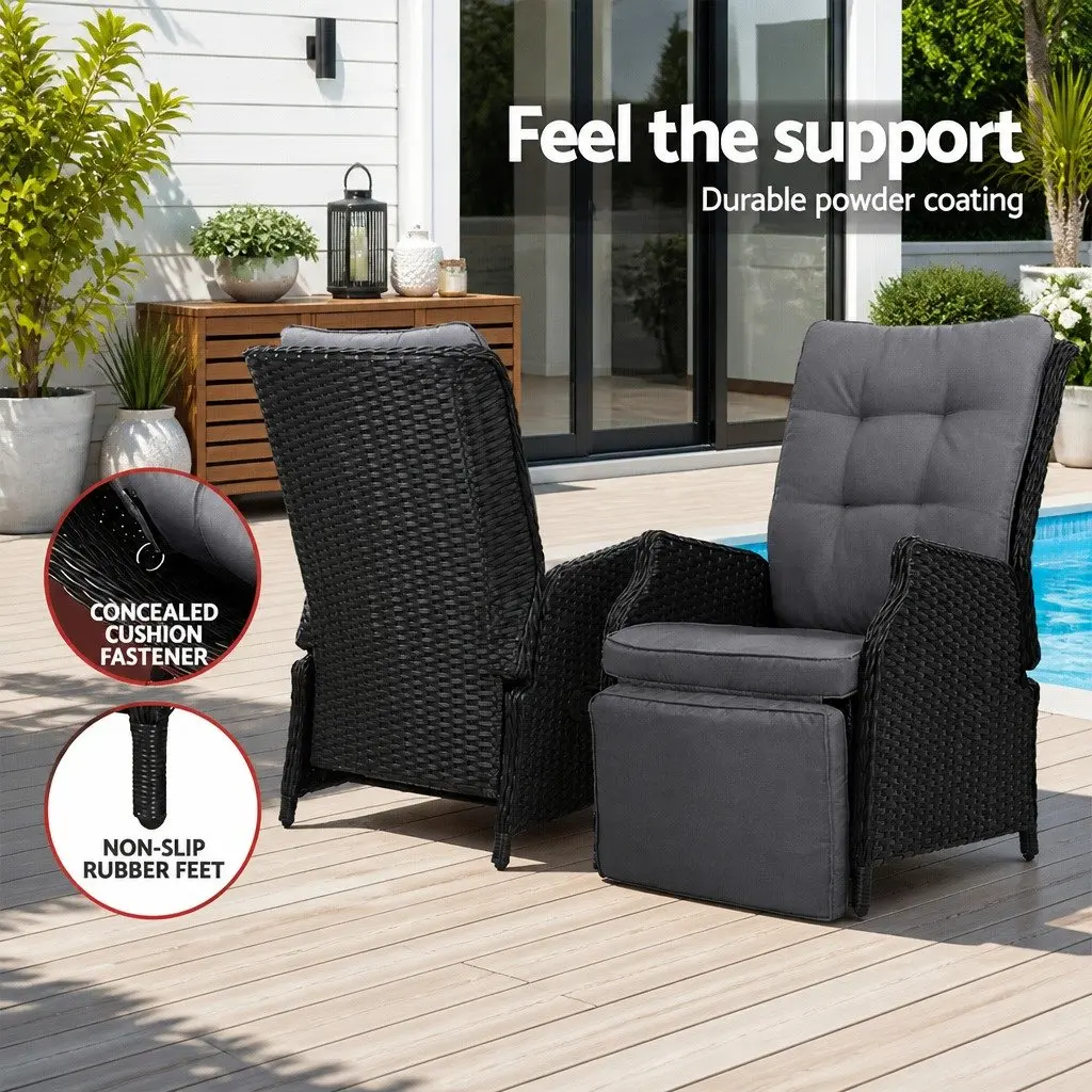 3 Piece Outdoor Recliner Chair Set for Garden Patio Black