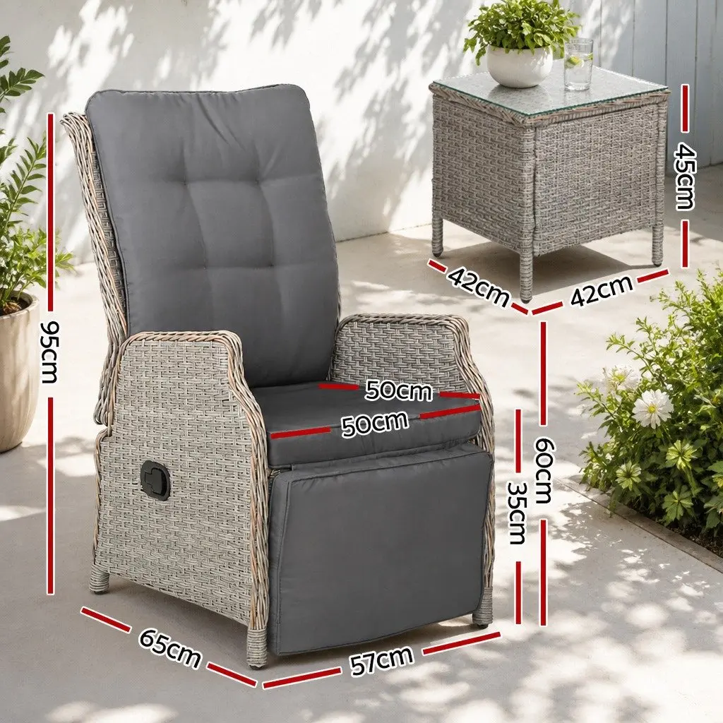 3 Piece Outdoor Recliner Set Garden Patio Wicker Lounge Chairs Side Table