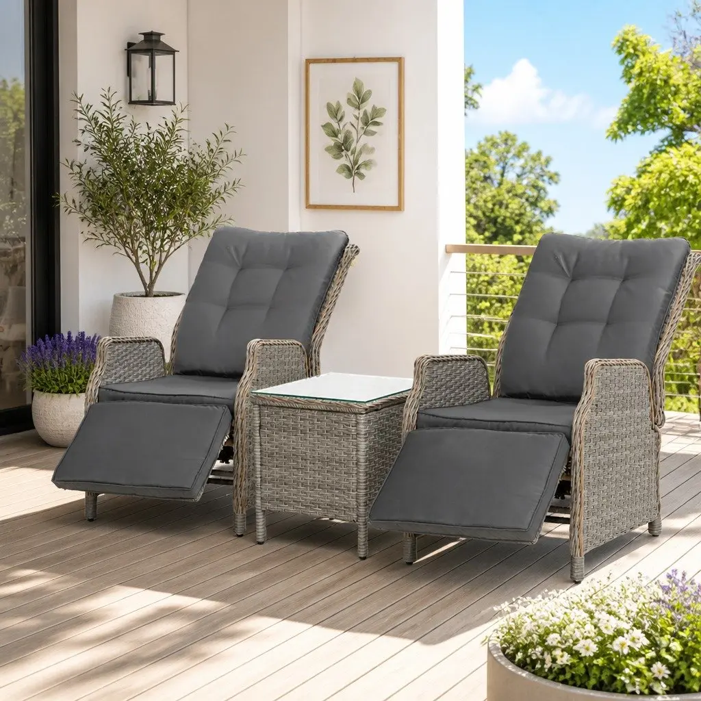 3 Piece Outdoor Recliner Set Garden Patio Wicker Lounge Chairs Side Table