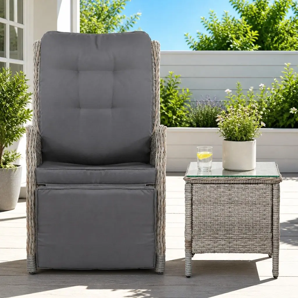 3 Piece Outdoor Recliner Set Garden Patio Wicker Lounge Chairs Side Table