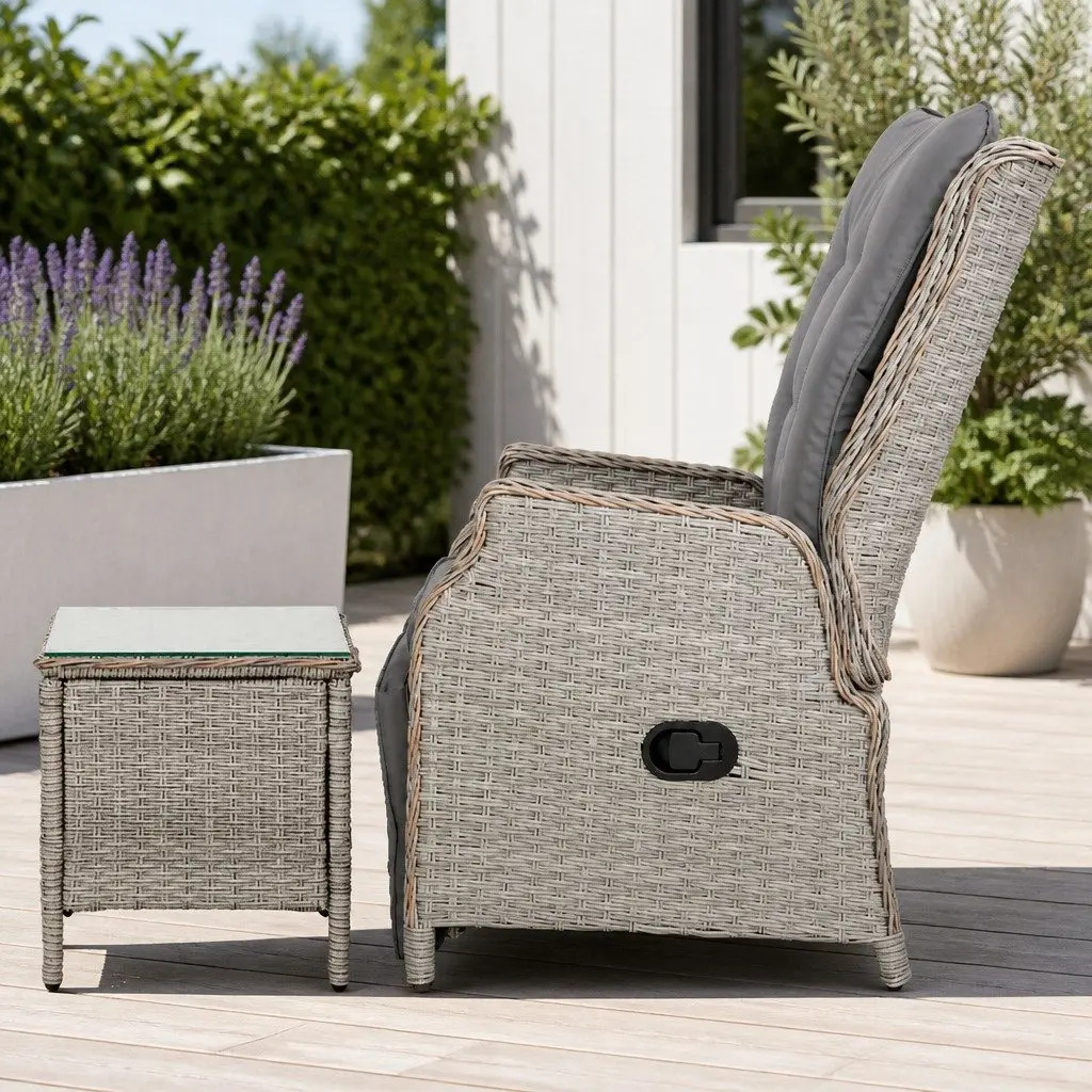 3 Piece Outdoor Recliner Set Garden Patio Wicker Lounge Chairs Side Table