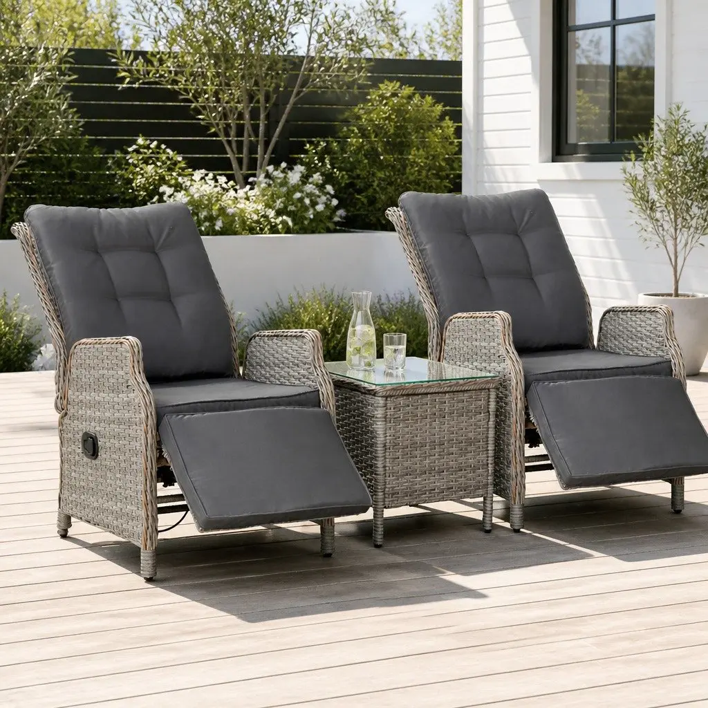 3 Piece Outdoor Recliner Set Garden Patio Wicker Lounge Chairs Side Table