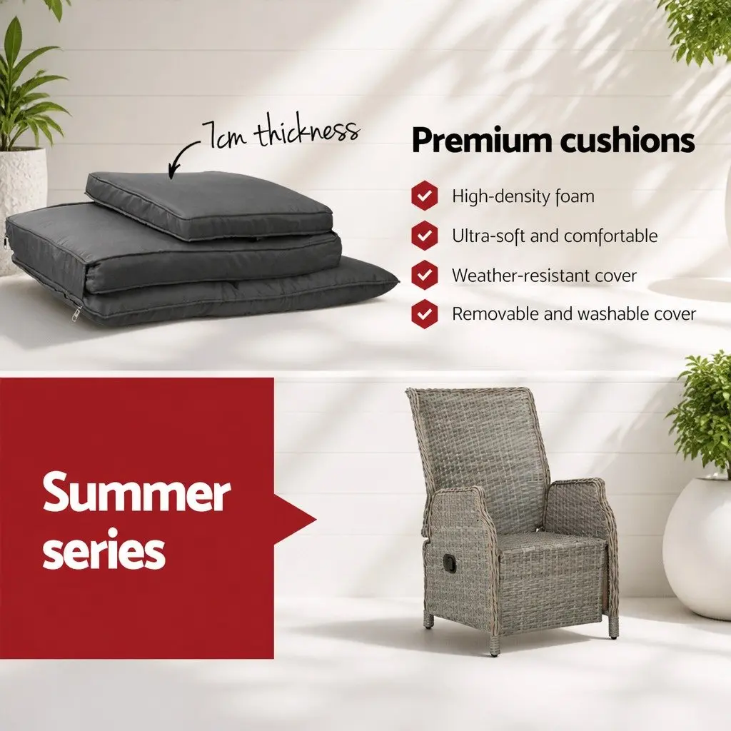 3 Piece Outdoor Recliner Set Garden Patio Wicker Lounge Chairs Side Table