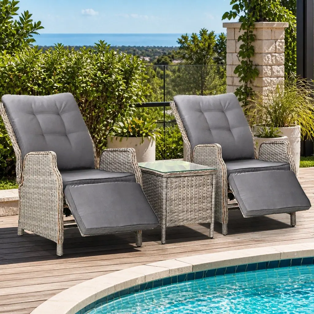 3 Piece Outdoor Recliner Set Garden Patio Wicker Lounge Chairs Side Table