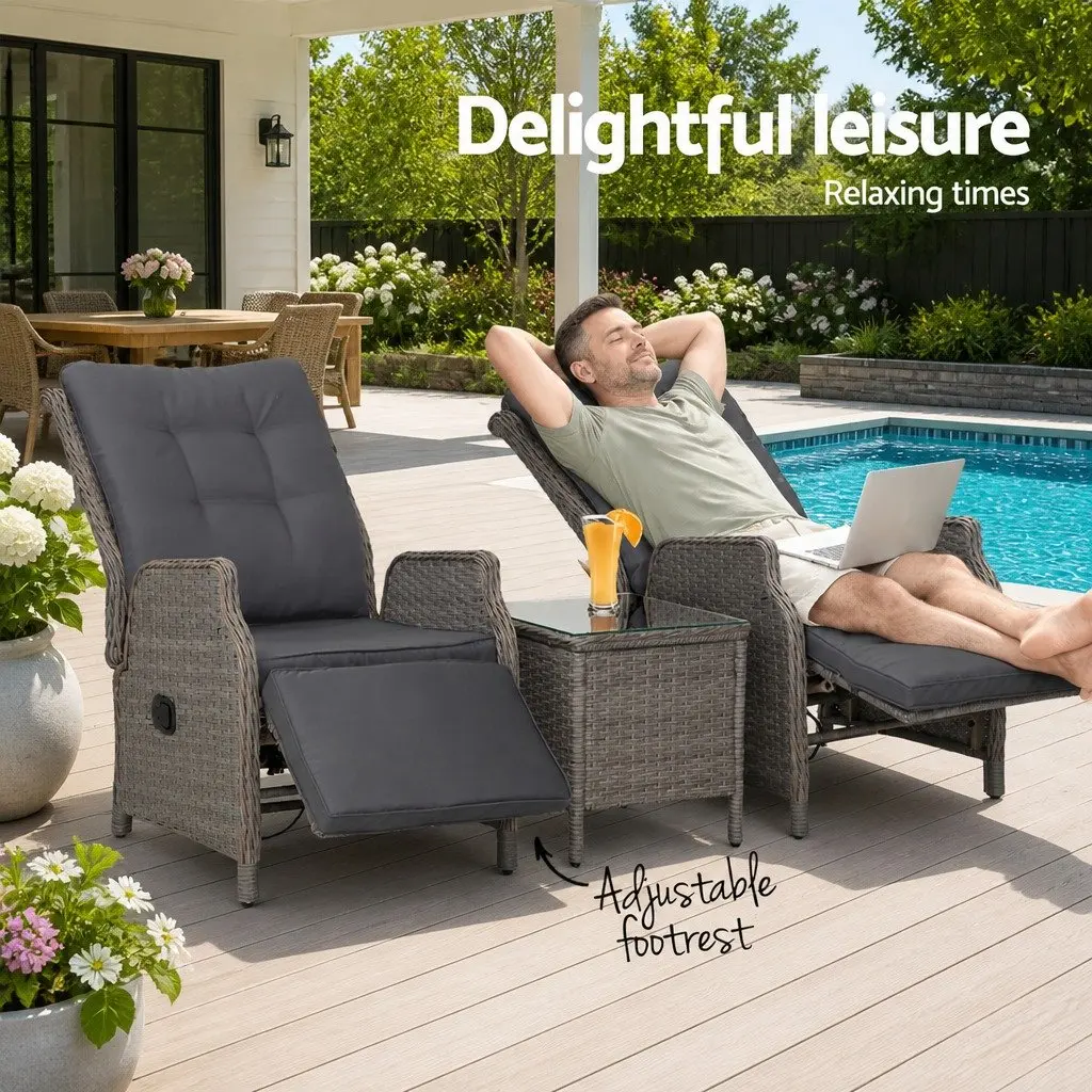3 Piece Outdoor Recliner Set Garden Patio Wicker Lounge Chairs Side Table