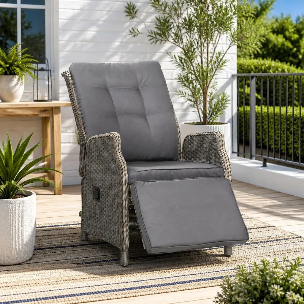 Wicker Recliner Chair Sun Lounge Adjustable Outdoor Patio Furniture Grey Lounger