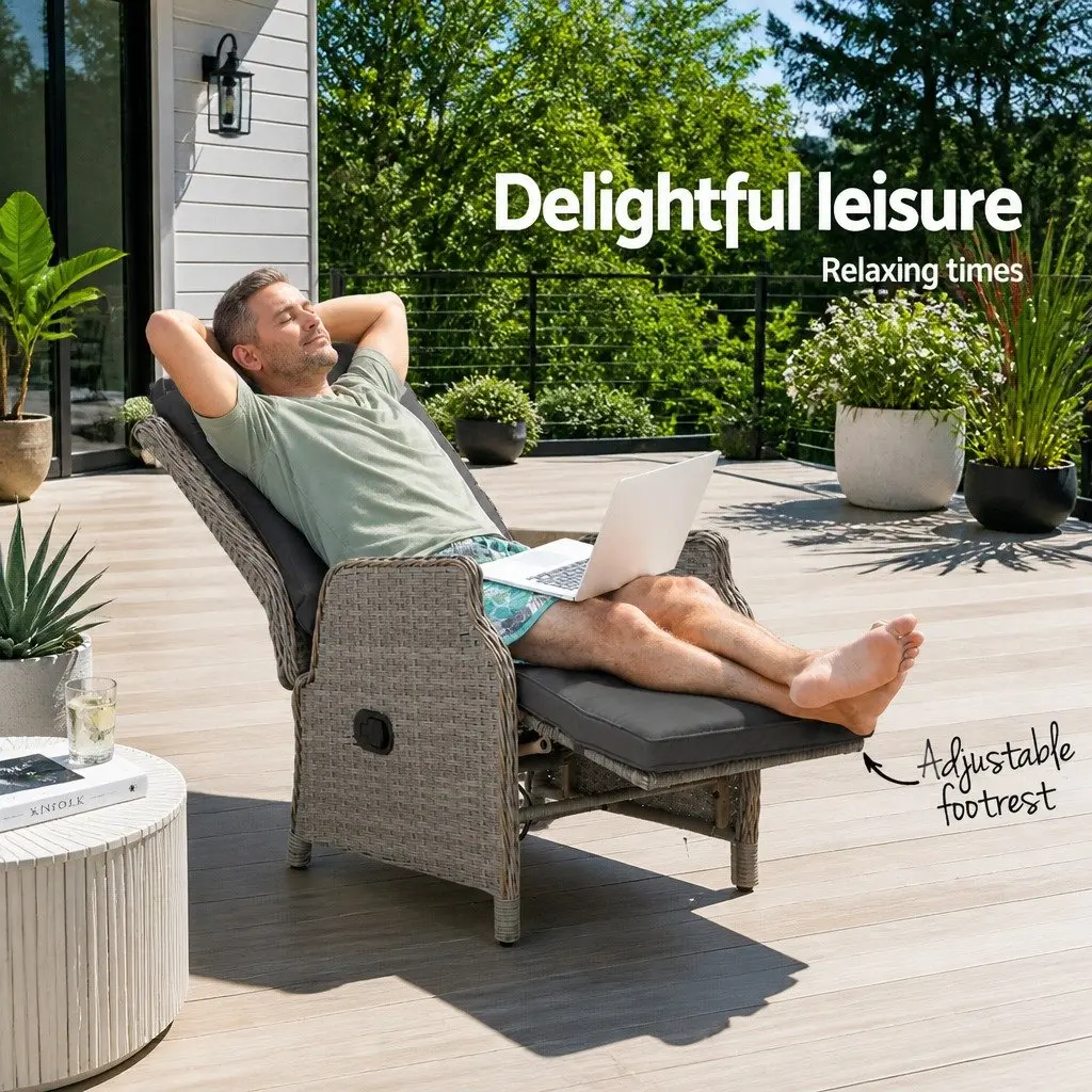 Wicker Recliner Chair Sun Lounge Adjustable Outdoor Patio Furniture Grey Lounger