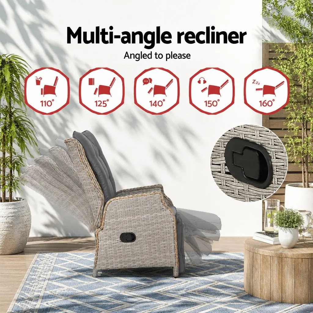 Wicker Recliner Chair Sun Lounge Adjustable Outdoor Patio Furniture Grey Lounger