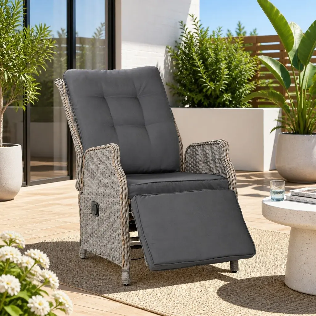 Wicker Recliner Chair Sun Lounge Adjustable Outdoor Patio Furniture Grey Lounger