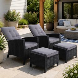 Recliner Chair Sun Lounge Wicker Lounger Outdoor Furniture Adjustable Black 2PC