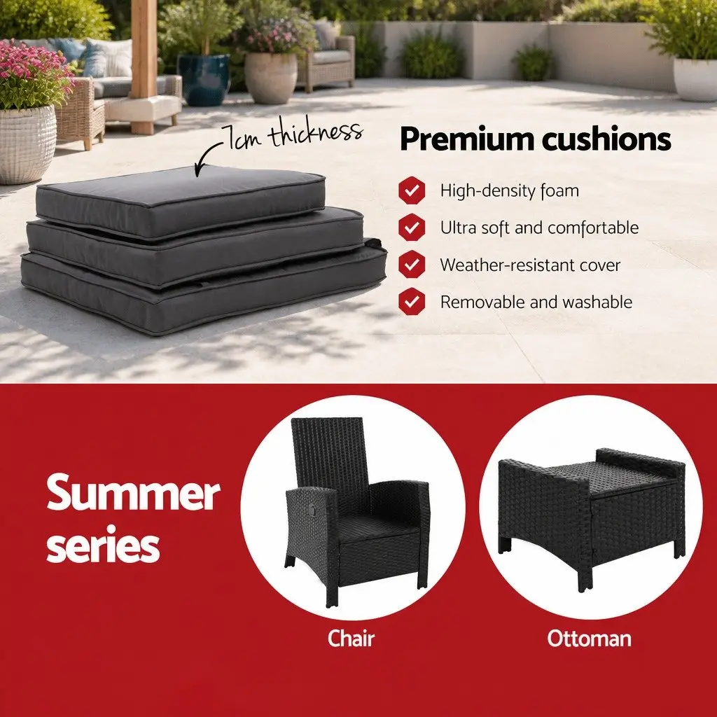 Recliner Chair Sun Lounge Wicker Lounger Outdoor Furniture Adjustable Black 2PC