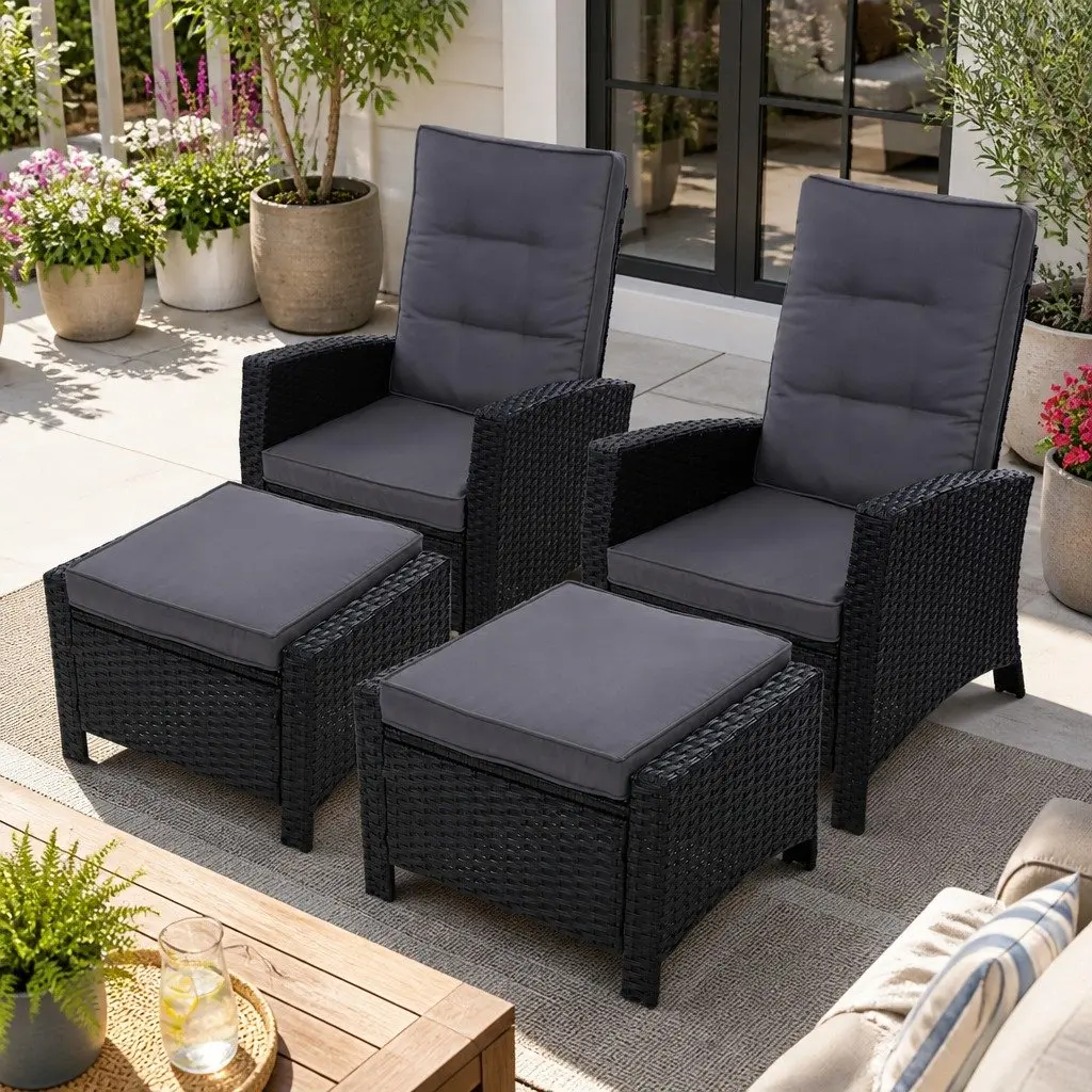 Recliner Chair Sun Lounge Wicker Lounger Outdoor Furniture Adjustable Black 2PC