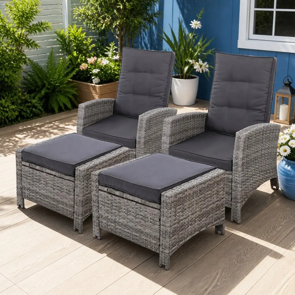 Recliner Chairs 2PC Wicker Lounger Outdoor Furniture Adjustable Backrest