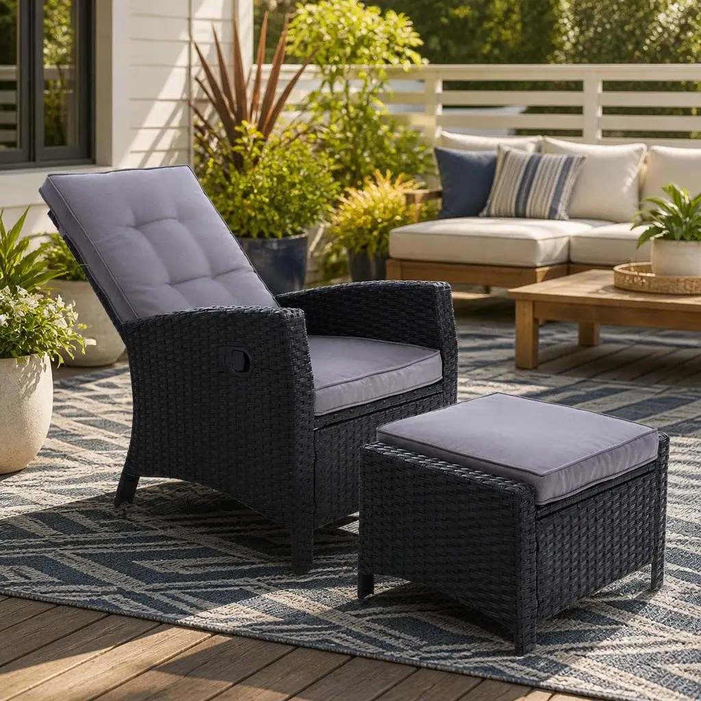Wicker Recliner Chair Outdoor Patio Furniture Adjustable Lounger with Ottoman Black