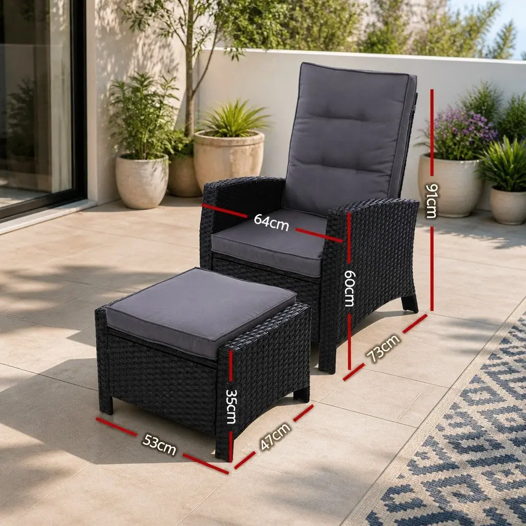 Wicker Recliner Chair Outdoor Patio Furniture Adjustable Lounger with Ottoman Black