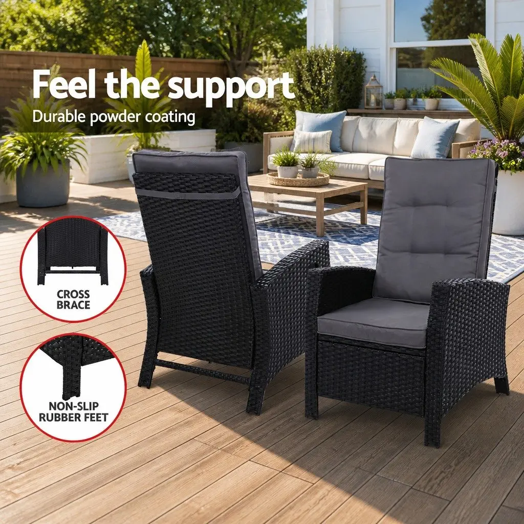 Wicker Recliner Chair Outdoor Patio Furniture Adjustable Lounger with Ottoman Black