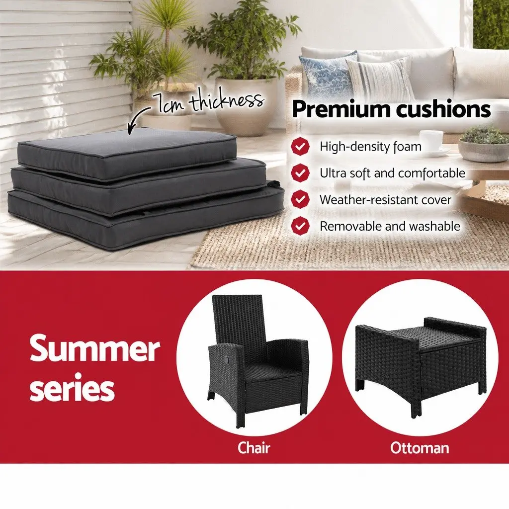 Wicker Recliner Chair Outdoor Patio Furniture Adjustable Lounger with Ottoman Black