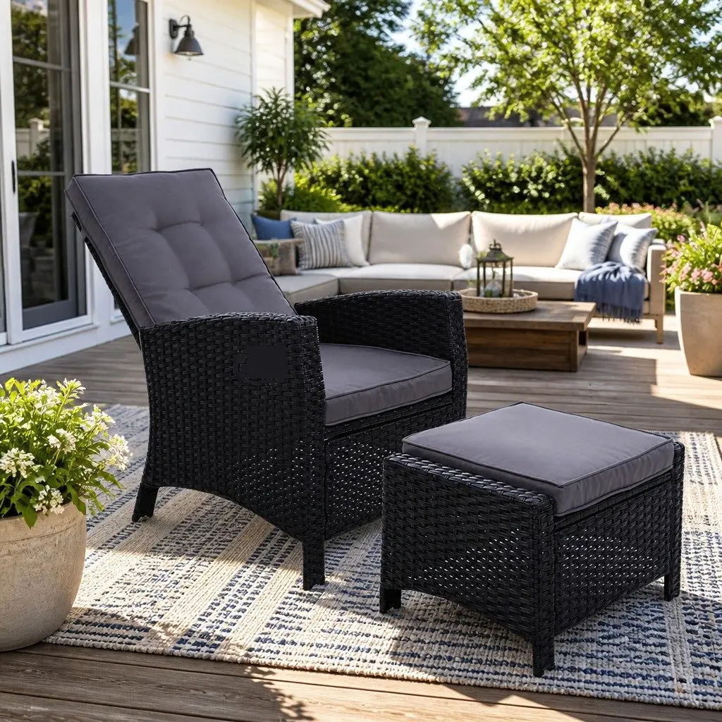 Wicker Recliner Chair Outdoor Patio Furniture Adjustable Lounger with Ottoman Black