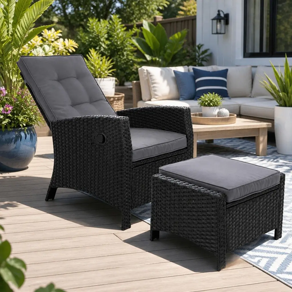 Wicker Recliner Chair Outdoor Patio Furniture Adjustable Lounger with Ottoman Black