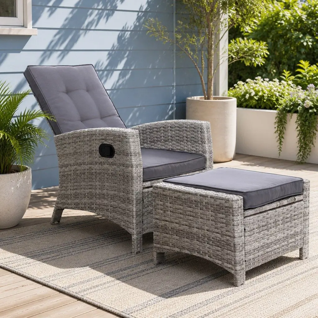 Wicker Outdoor Recliner Chair with Ottoman Grey Adjustable Backrest for Relaxation and Comfort