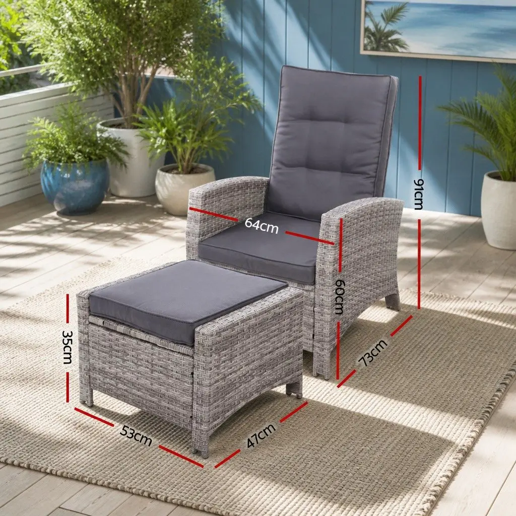Wicker Outdoor Recliner Chair with Ottoman Grey Adjustable Backrest for Relaxation and Comfort