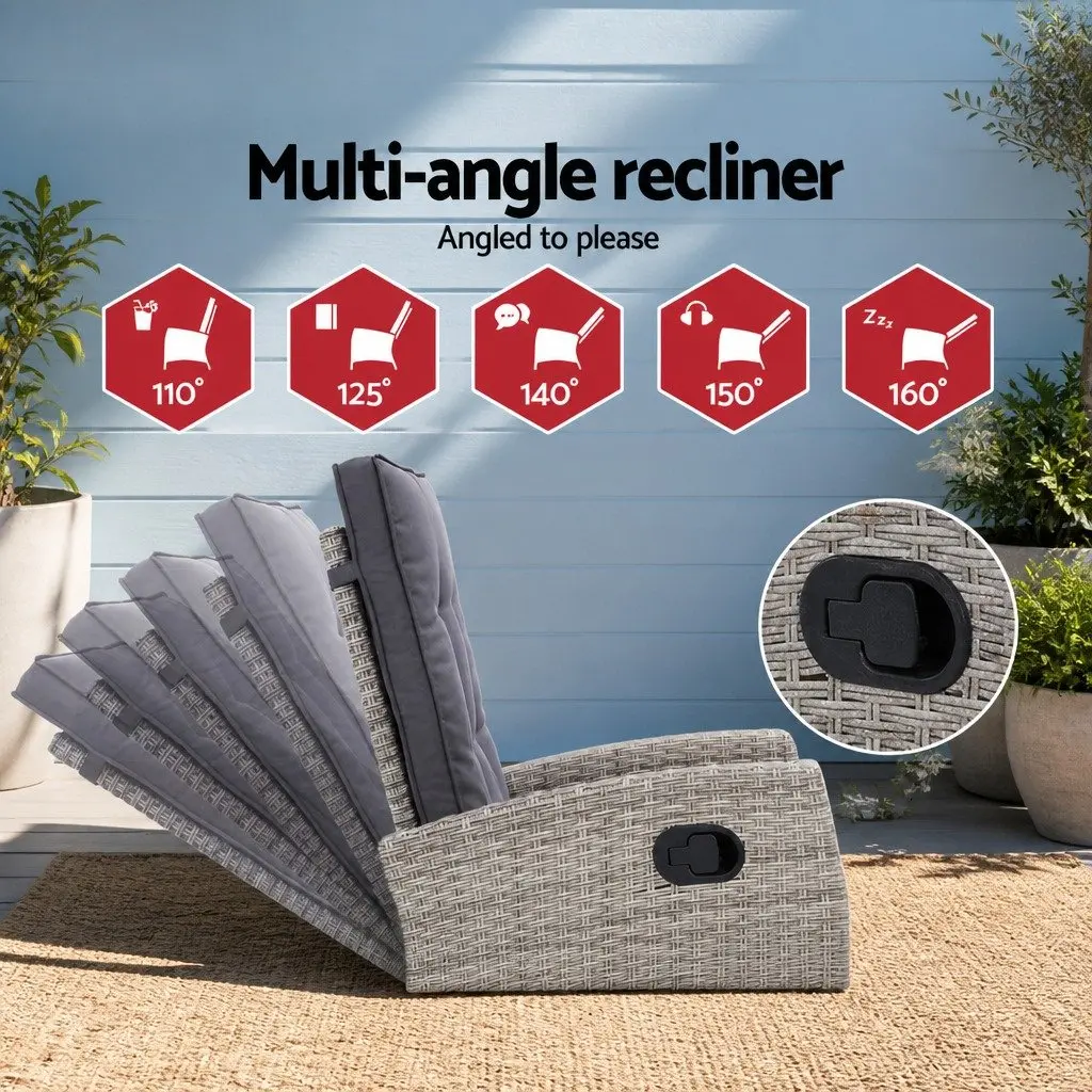Wicker Outdoor Recliner Chair with Ottoman Grey Adjustable Backrest for Relaxation and Comfort