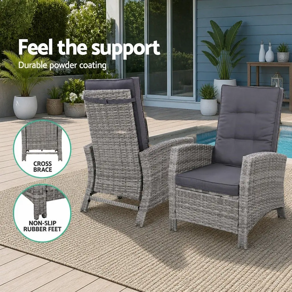 Wicker Outdoor Recliner Chair with Ottoman Grey Adjustable Backrest for Relaxation and Comfort