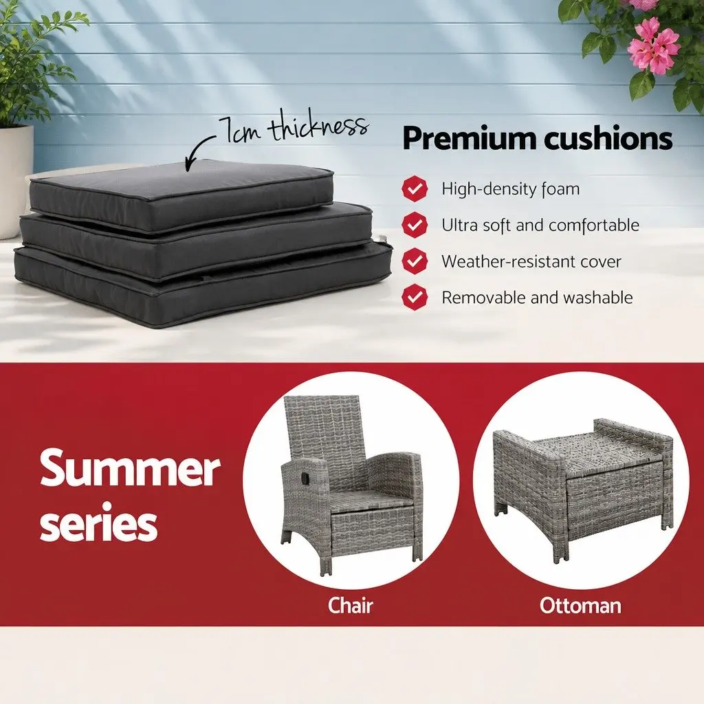 Wicker Outdoor Recliner Chair with Ottoman Grey Adjustable Backrest for Relaxation and Comfort
