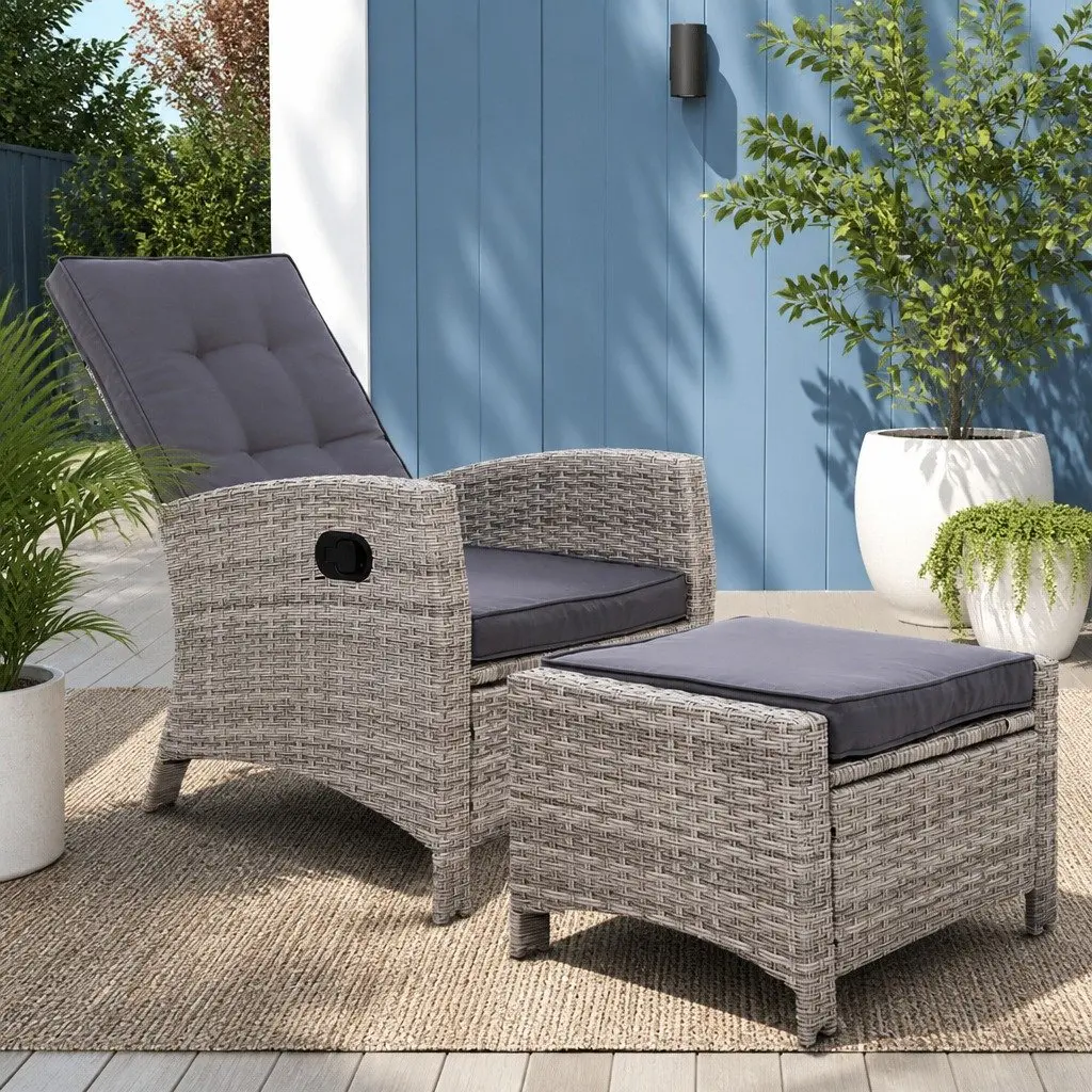 Wicker Outdoor Recliner Chair with Ottoman Grey Adjustable Backrest for Relaxation and Comfort