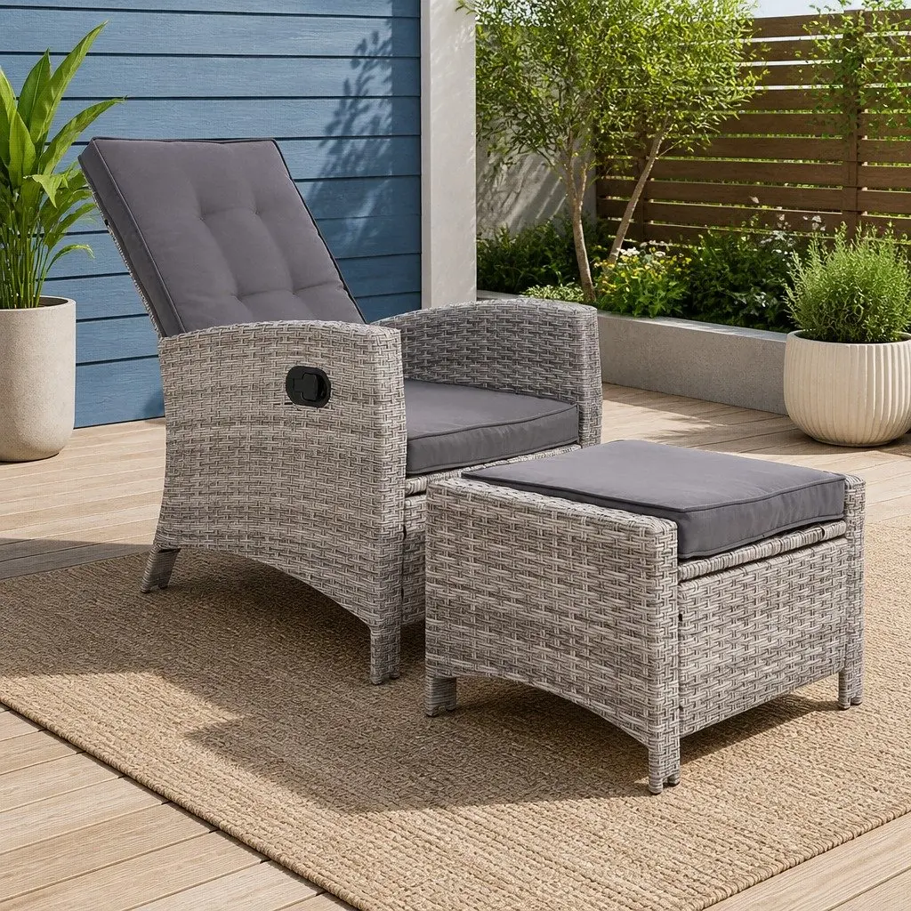 Wicker Outdoor Recliner Chair with Ottoman Grey Adjustable Backrest for Relaxation and Comfort