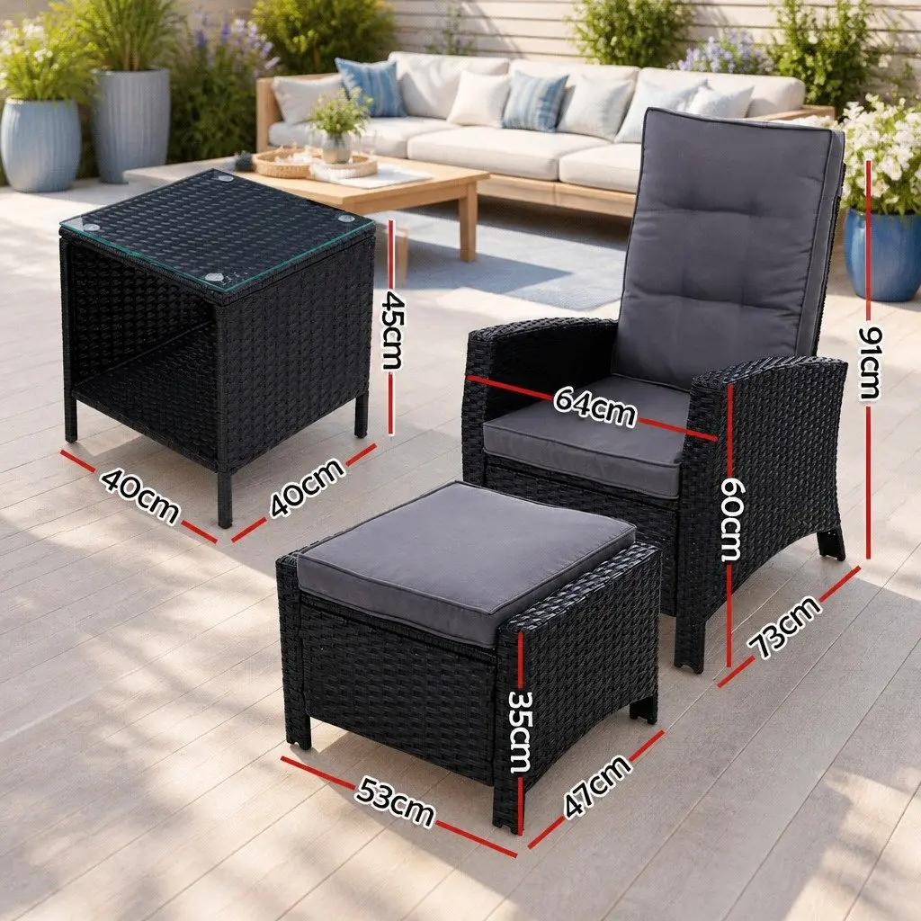 3 Piece Outdoor Wicker Recliner Set with Ottoman and Side Table Black Adjustable
