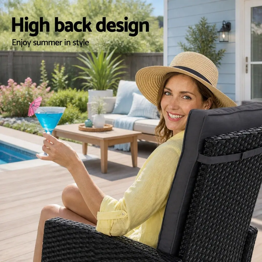 3 Piece Outdoor Wicker Recliner Set with Ottoman and Side Table Black Adjustable