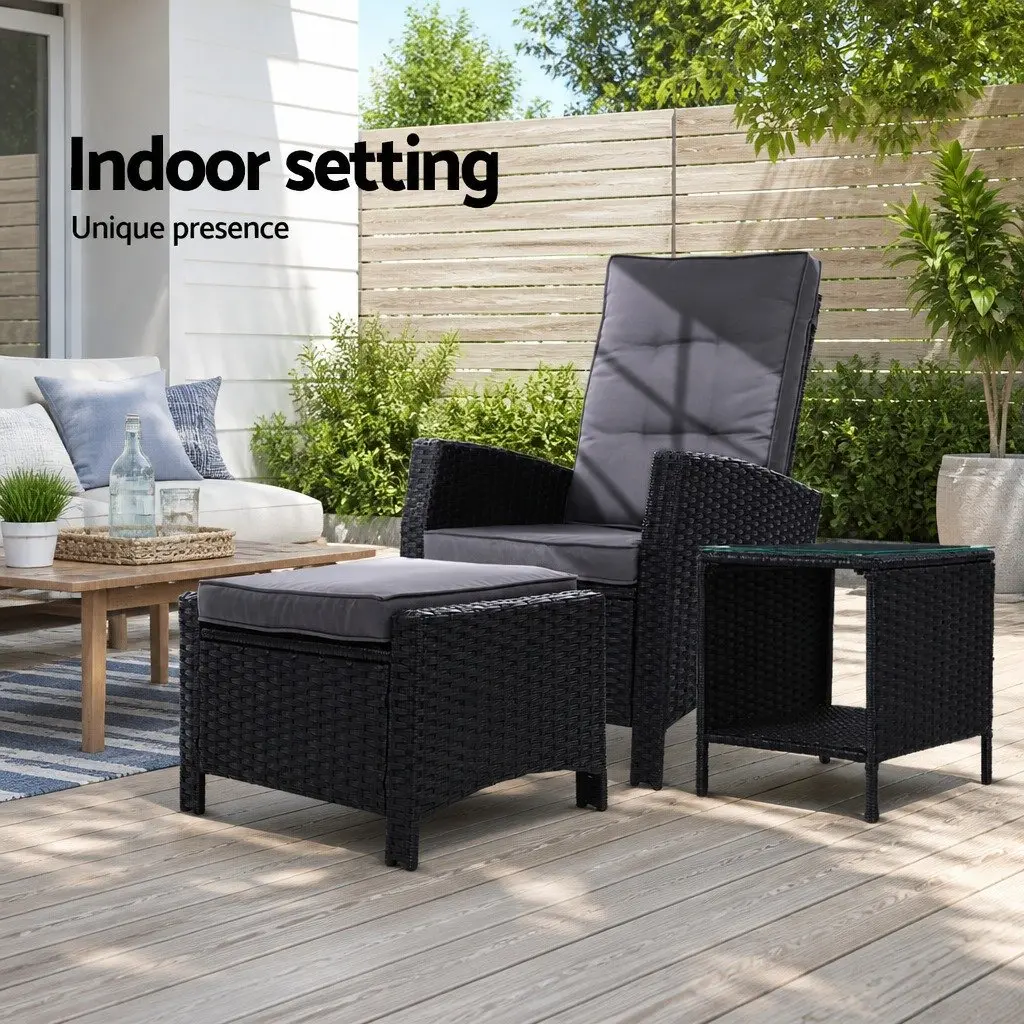 3 Piece Outdoor Wicker Recliner Set with Ottoman and Side Table Black Adjustable