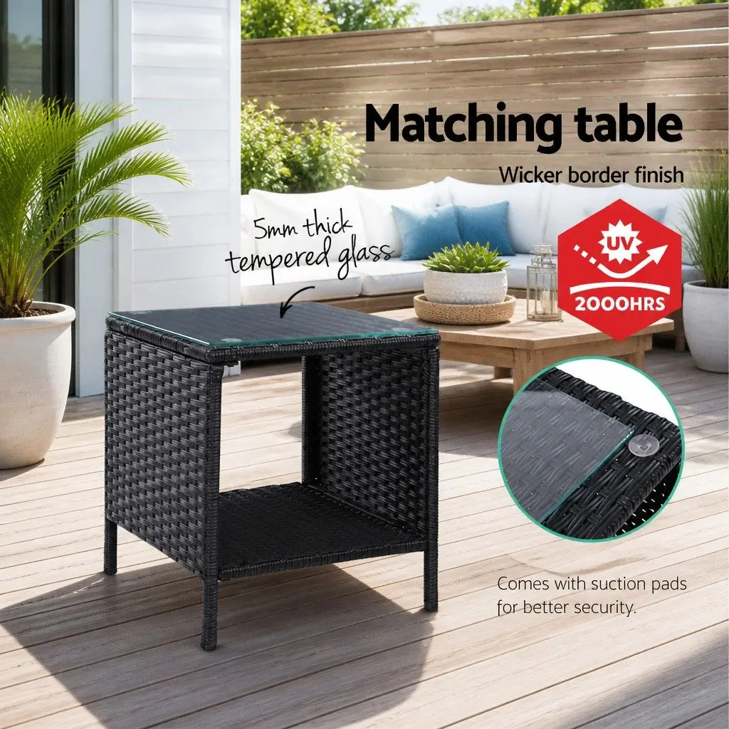 3 Piece Outdoor Wicker Recliner Set with Ottoman and Side Table Black Adjustable